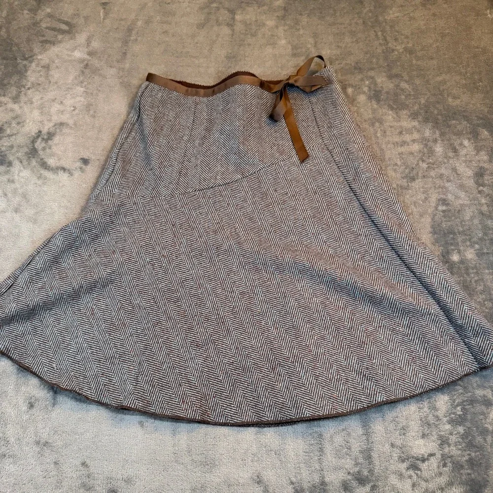 Jaloux‎ Herringbone Wool Blend Skirt Womens Small Brown Blue Ribbon Trim Lined